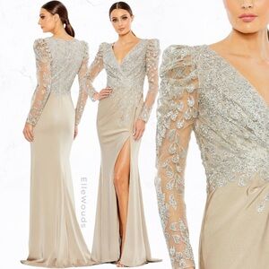 Mac Duggal EMBELLISHED FAUX WRAP ILLUSION PUFF SLEEVE GOWN, 20346, $698, Size 8